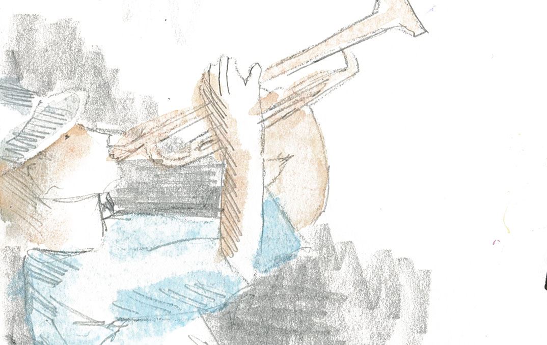 Sketch of young man playing trumpet.