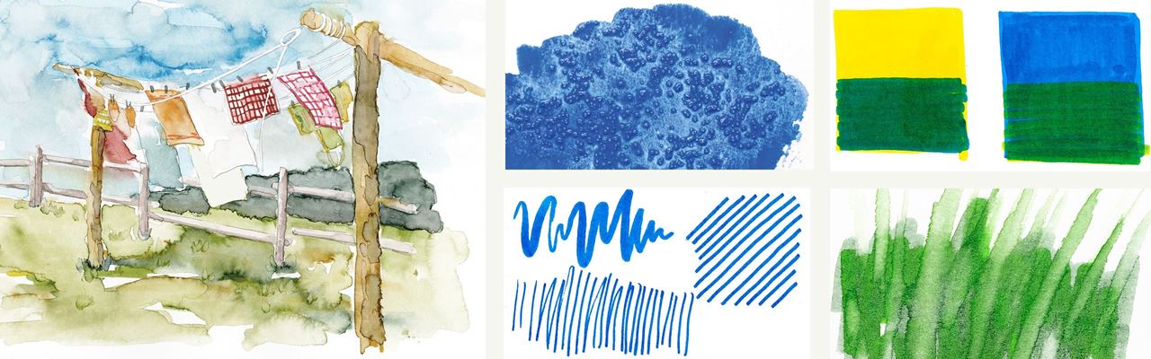 A painted laundry line and examples of different techniques possible with the watercolour marker.